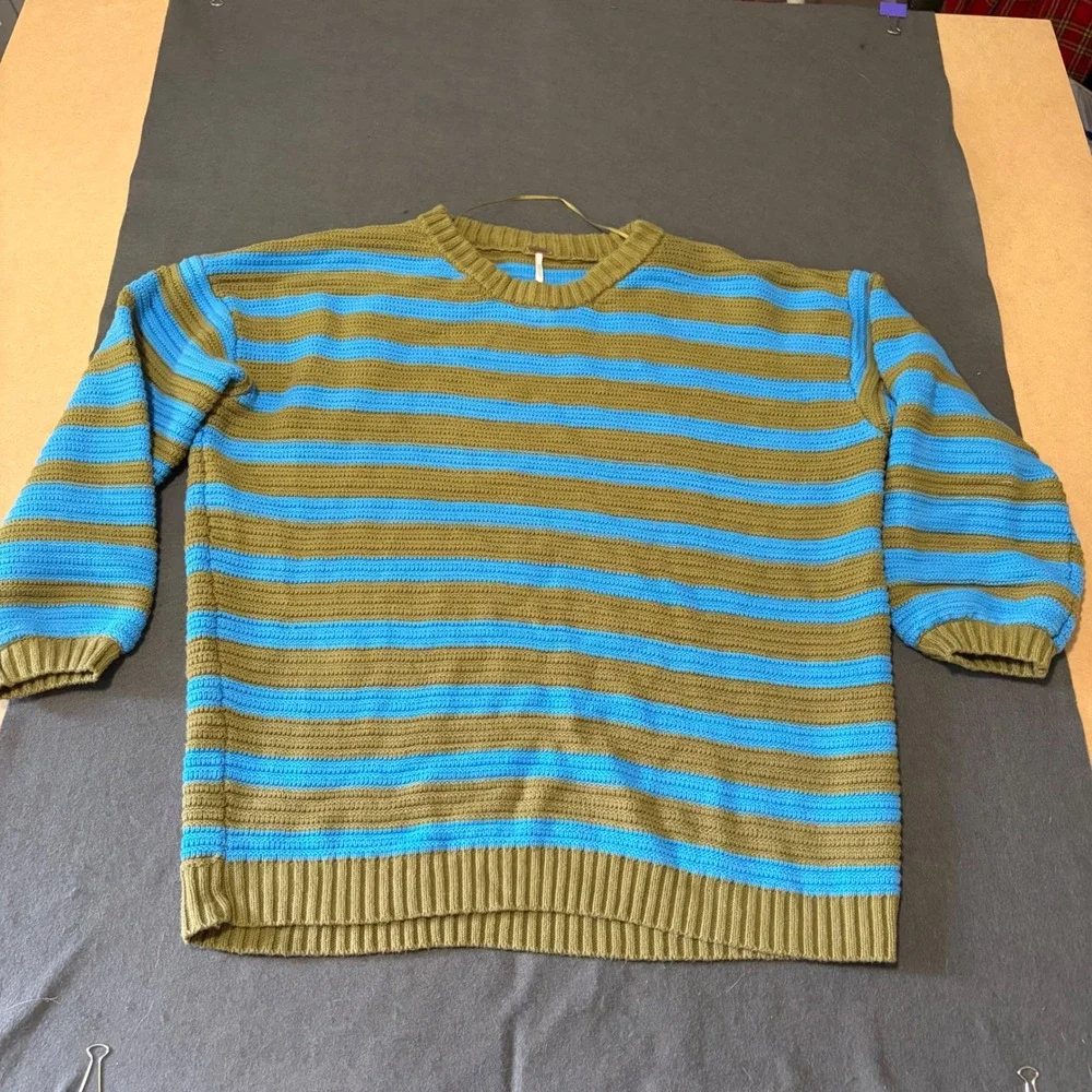 Free People Striped Knit Sweater Womens Size Medium Blue Olive Green